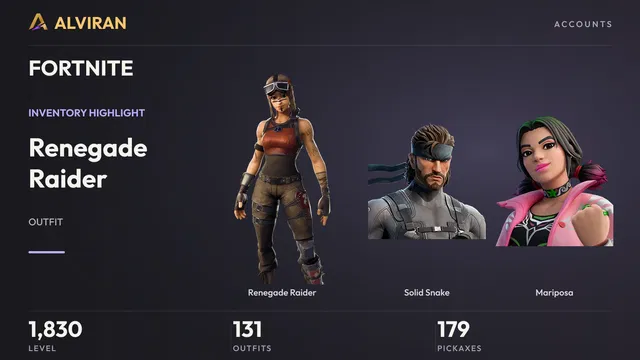 FORTNITE · Level 1830 · Renegade Raider, Solid Snake, Mariposa