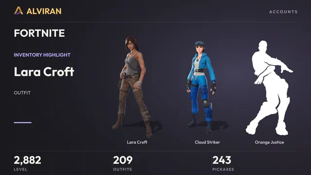 FORTNITE · Level 2882 · Lara Croft, Cloud Striker, Orange Justice