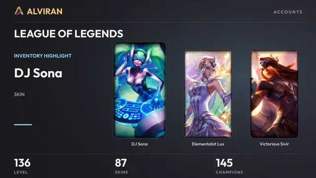 LEAGUE OF LEGENDS · Level 136 · DJ Sona, Elementalist Lux, Victorious Sivir