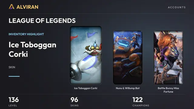 LEAGUE OF LEGENDS · Level 136 · Ice Toboggan Corki, Nunu & Willump Bot, Battle Bunny Miss Fortune
