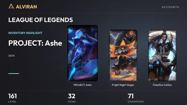 LEAGUE OF LEGENDS · Level 161 · PROJECT: Ashe, Fright Night Veigar, Pulsefire Caitlyn
