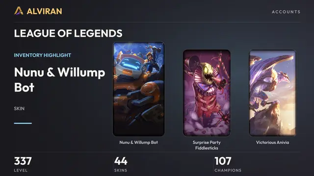 LEAGUE OF LEGENDS · Level 337 · Nunu & Willump Bot, Surprise Party Fiddlesticks, Victorious Anivia