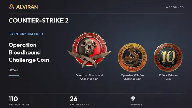 COUNTER-STRIKE 2 · Level 26 · Operation Bloodhound Challenge Coin, Operation Wildfire Challenge Coin, 10 Year Veteran Coin