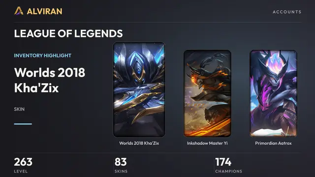 LEAGUE OF LEGENDS · Level 263 · Worlds 2018 Kha'Zix, Inkshadow Master Yi, Primordian Aatrox