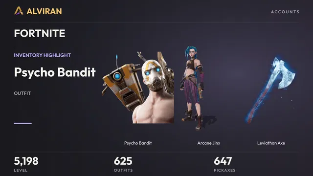 FORTNITE · Level 5198 · Psycho Bandit, Arcane Jinx, Leviathan Axe