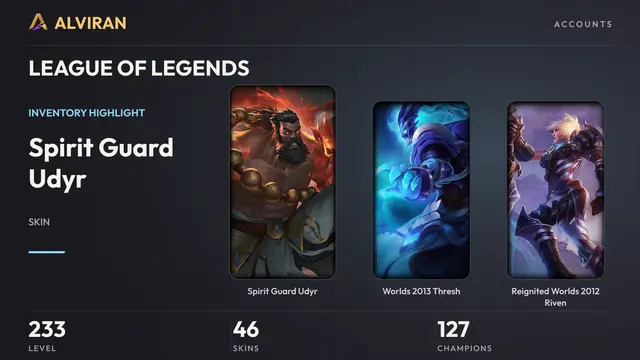 LEAGUE OF LEGENDS · Level 233 · Spirit Guard Udyr, Worlds 2013 Thresh, Reignited Worlds 2012 Riven