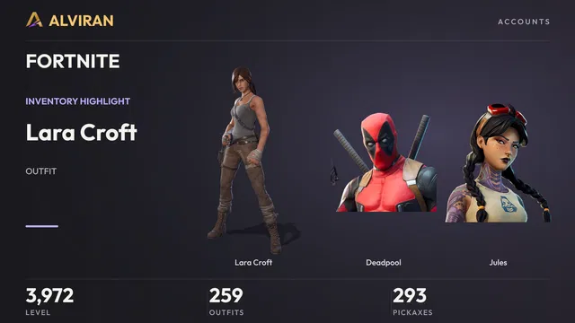 FORTNITE · Level 3972 · Lara Croft, Deadpool, Jules