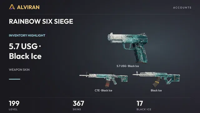 RAINBOW SIX SIEGE · Level 199 · Black Ice · 5.7 USG, Black Ice · C7E, Black Ice