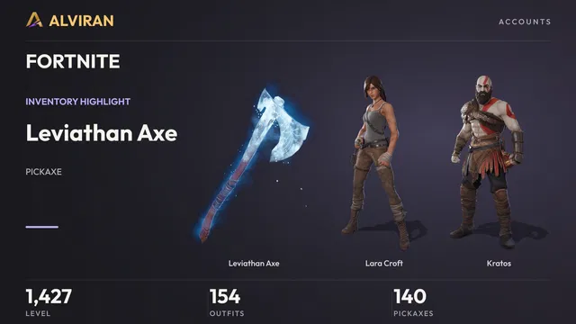 FORTNITE · Level 1427 · Leviathan Axe, Lara Croft, Kratos