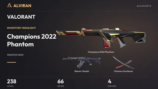 VALORANT · Level 238 · Champions 2022 Phantom, Reaver Vandal, Onimaru Kunitsuna · Melee