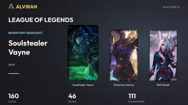 LEAGUE OF LEGENDS · Level 160 · Soulstealer Vayne, Victorious Aatrox, SSG Xayah
