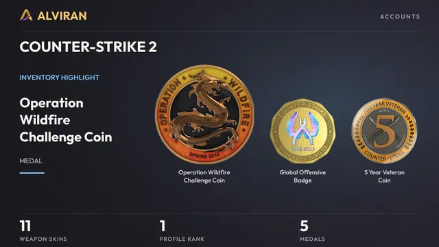 COUNTER-STRIKE 2 · Level 1 · Operation Wildfire Challenge Coin, Global Offensive Badge, 5 Year Veteran Coin