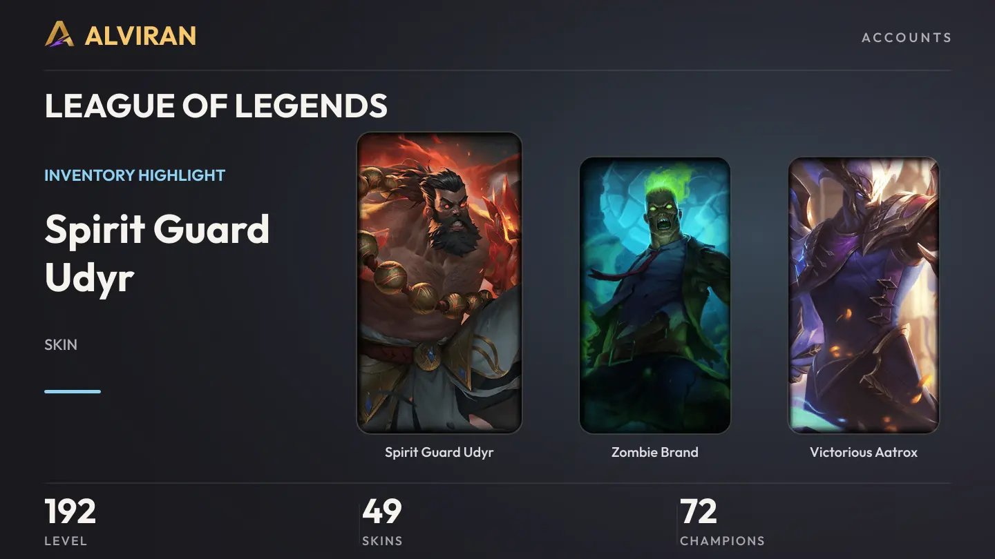 LEAGUE OF LEGENDS · Level 192 · Spirit Guard Udyr, Zombie Brand, Victorious Aatrox