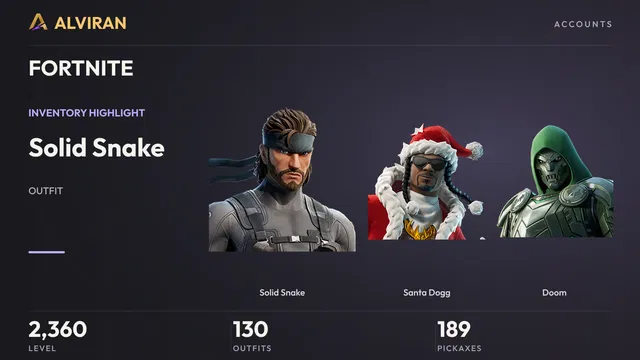 FORTNITE · Level 2360 · Solid Snake, Santa Dogg, Doom