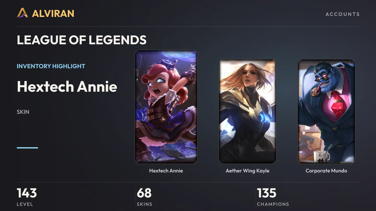 LEAGUE OF LEGENDS · Level 143 · Hextech Annie, Aether Wing Kayle, Corporate Mundo