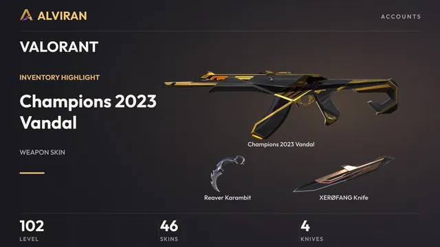 VALORANT · Level 102 · Champions 2023 Vandal, Reaver Karambit · Melee, XERØFANG Knife · Melee