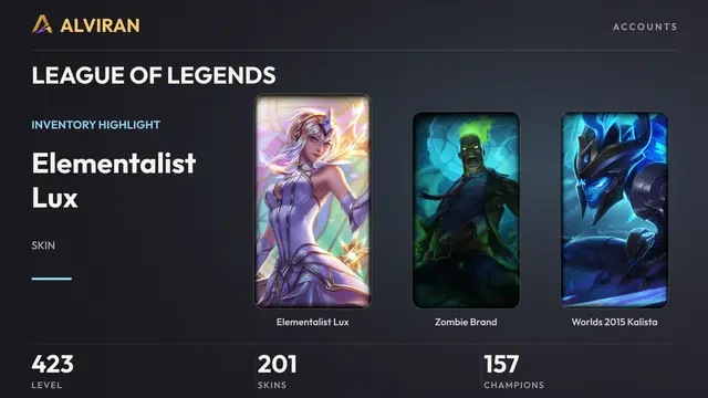 LEAGUE OF LEGENDS · Level 423 · Elementalist Lux, Zombie Brand, Worlds 2015 Kalista
