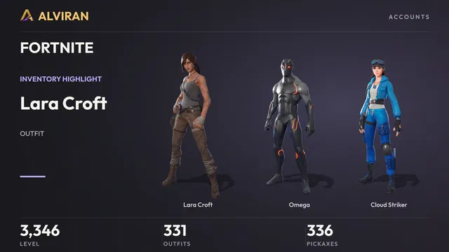 FORTNITE · Level 3346 · Lara Croft, Omega, Cloud Striker