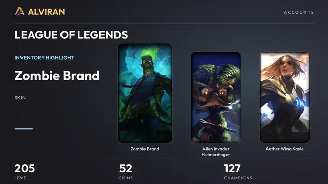 LEAGUE OF LEGENDS · Level 205 · Zombie Brand, Alien Invader Heimerdinger, Aether Wing Kayle
