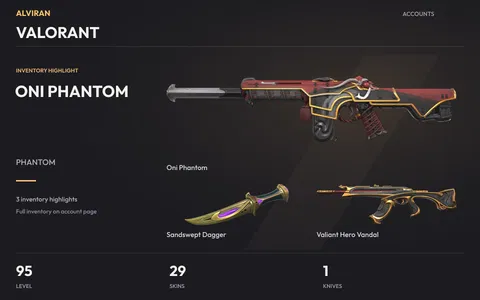 VALORANT · Level 95 · Oni Phantom, Sandswept Dagger · Melee, Valiant Hero Vandal