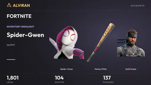 FORTNITE · Level 1801 · Spider-Gwen, Harley Hitter, Solid Snake