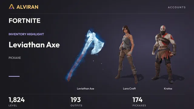 FORTNITE · Level 1824 · Leviathan Axe, Lara Croft, Kratos