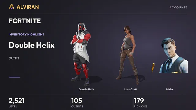 FORTNITE · Level 2521 · Double Helix, Lara Croft, Midas