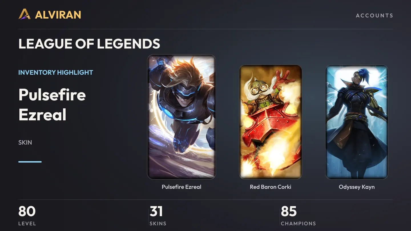 LEAGUE OF LEGENDS · Level 80 · Pulsefire Ezreal, Red Baron Corki, Odyssey Kayn