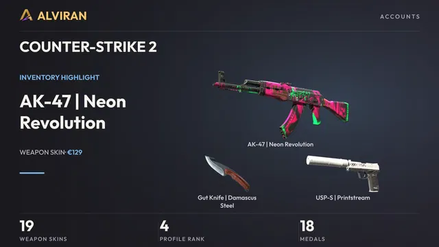 COUNTER-STRIKE 2 · Level 4 · AK-47 | Neon Revolution · Field-Tested, Gut Knife | Damascus Steel · Field-Tested, USP-S | Printstream · Field-Tested