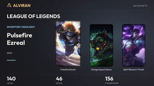 LEAGUE OF LEGENDS · Level 140 · Pulsefire Ezreal, Omega Squad Teemo, Spirit Blossom Thresh