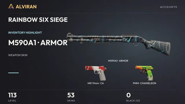 RAINBOW SIX SIEGE · Level 113 · ARMOR · M590A1, CA · MK1 9mm, CHAMELEON · PMM