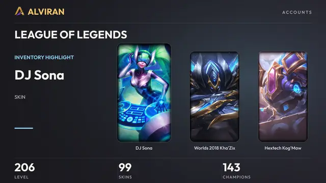 LEAGUE OF LEGENDS · Level 206 · DJ Sona, Worlds 2018 Kha'Zix, Hextech Kog'Maw