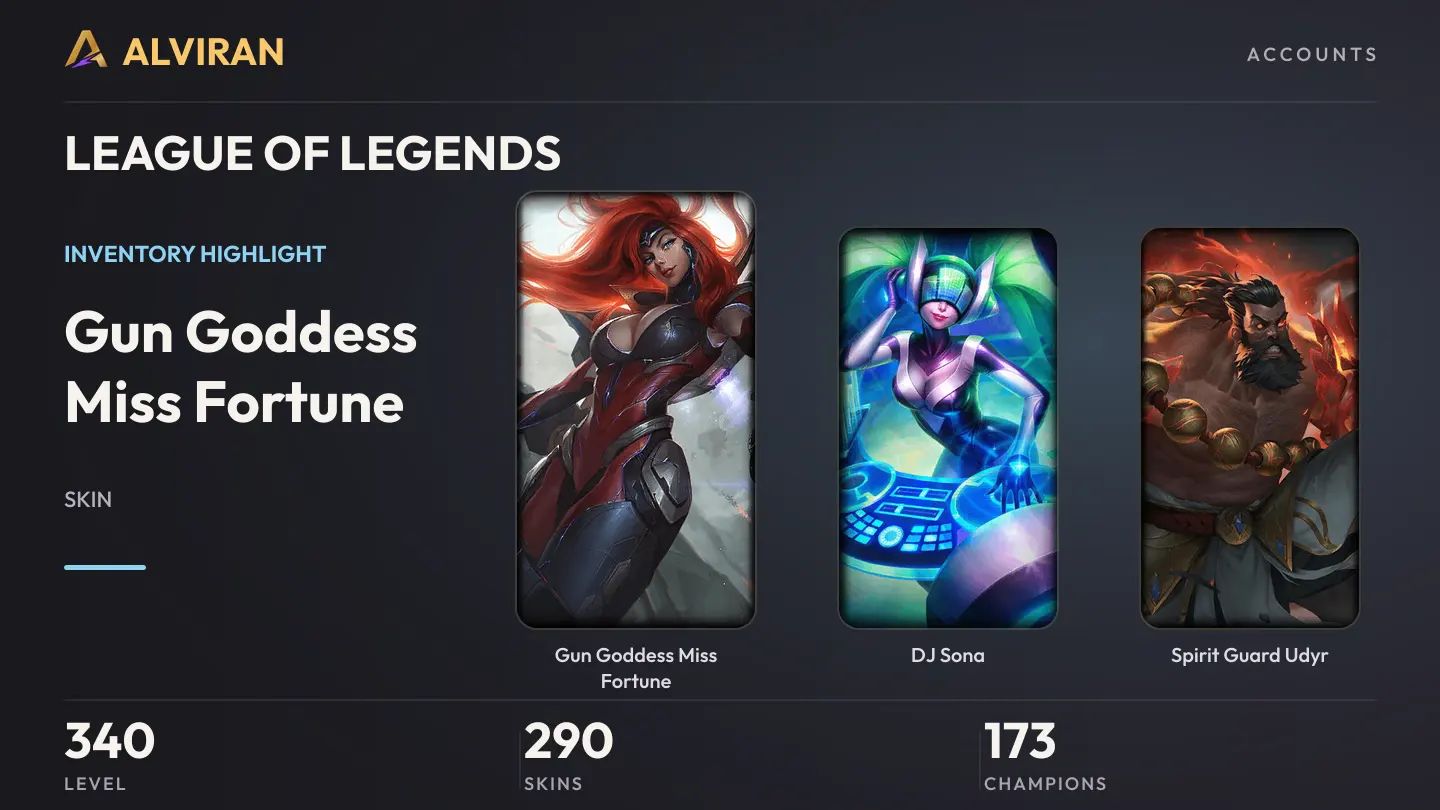 LEAGUE OF LEGENDS · Level 340 · Gun Goddess Miss Fortune, DJ Sona, Spirit Guard Udyr