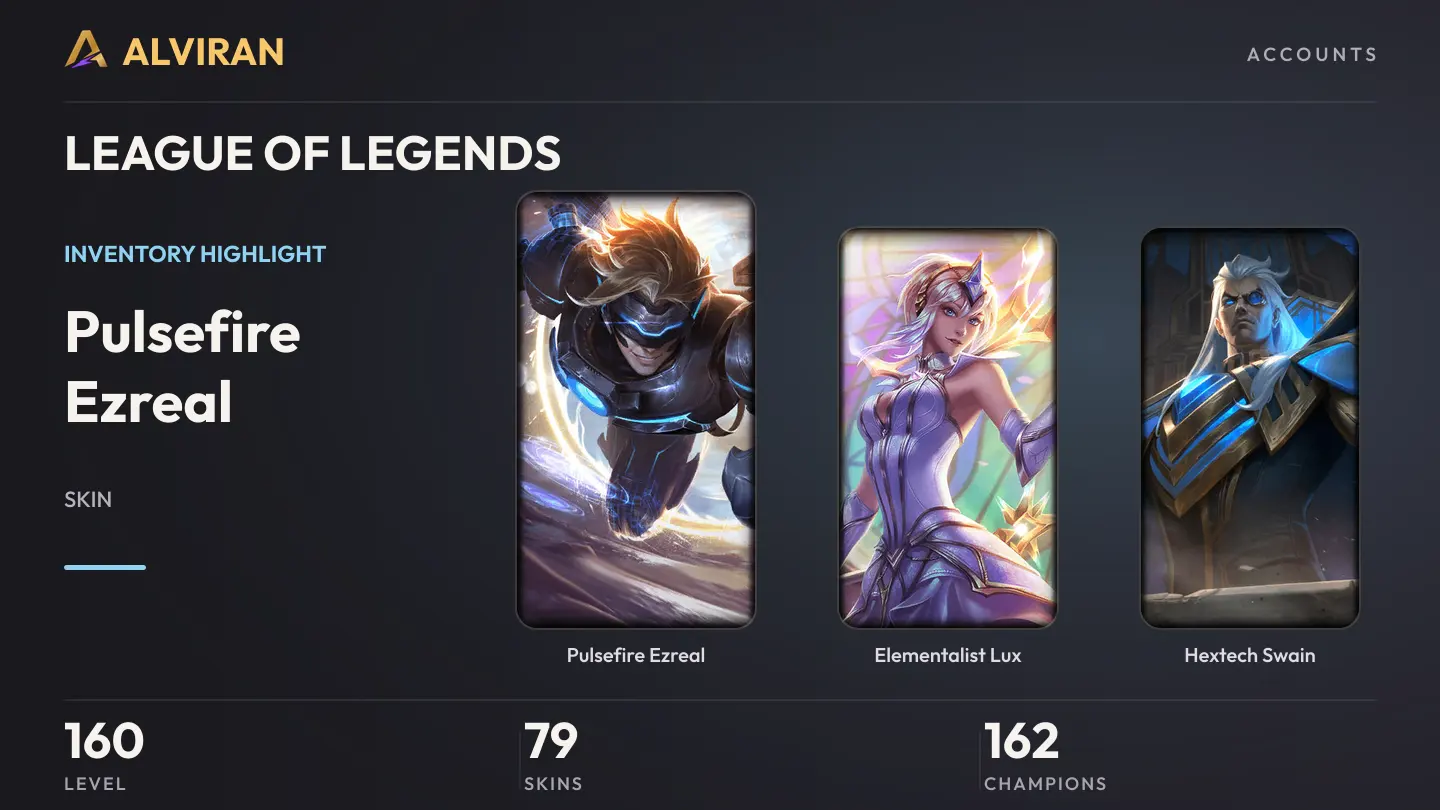 LEAGUE OF LEGENDS · Level 160 · Pulsefire Ezreal, Elementalist Lux, Hextech Swain