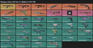 Inventario de VALORANT con cuarenta skins de armas y tres cuchillos