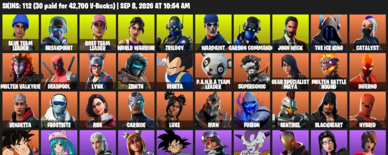 Fortnite account inventory for LVL 609 - Blue Team Leader - Breakpoint - 112 Outfits