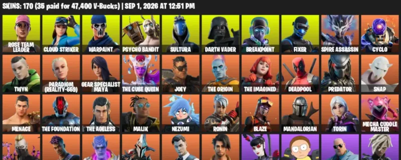 Fortnite account inventory for LVL 1842 - Rose Team Leader - Cloud Striker - 170 Outfits