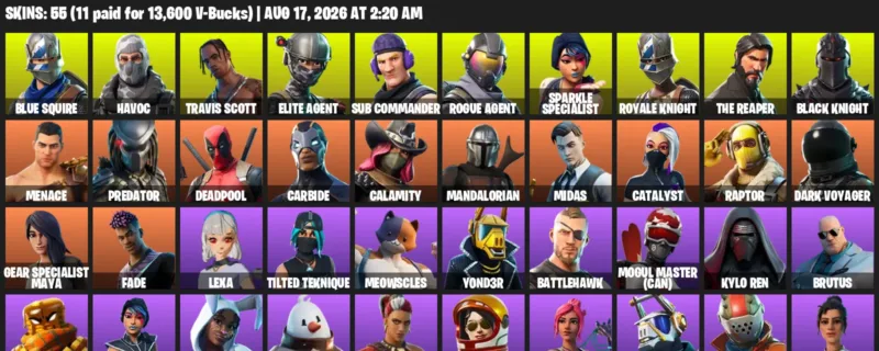 Fortnite account inventory for LVL 654 - Blue Squire - Havoc - 55 Outfits