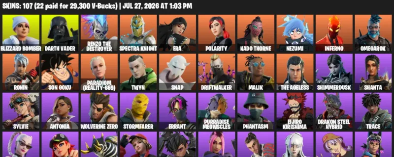 Fortnite Accounts listing: LVL 1370 - Blizzard Bomber - Darth Vader - 107 Outfits - 107 outfits