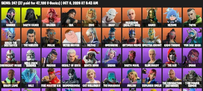Fortnite account inventory for Xander - Darth Vader - 120 Outfits