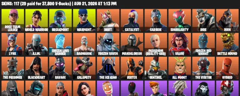Fortnite account inventory for LVL 576 - Rose Team Leader - World Warrior - 117 Outfits