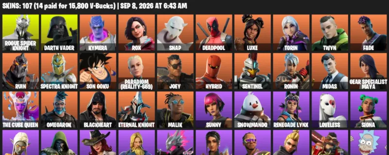 Fortnite account inventory for LVL 1831 - Rogue Spider Knight - Darth Vader - 107 Outfits