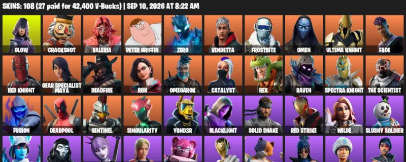 Fortnite account inventory for LVL 913 - Glow - Crackshot - 108 Outfits