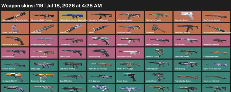 Valorant Accounts listing: LVL 206 · Champions 2022 Butterfly Knife & Iridian Thorn Blade · 119 Skins - Platinum 1, 119 skins