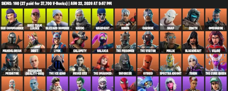 Fortnite account inventory for LVL 1625 - Sub Commander - Rose Team Leader - 160 Outfits