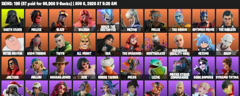 Fortnite account inventory for LVL 2020 - Darth Vader - Malice - 195 Outfits