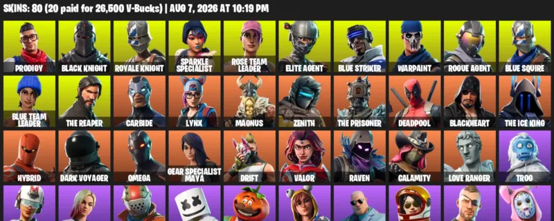 Fortnite account inventory for LVL 799 - Prodigy - Black Knight - 80 Outfits
