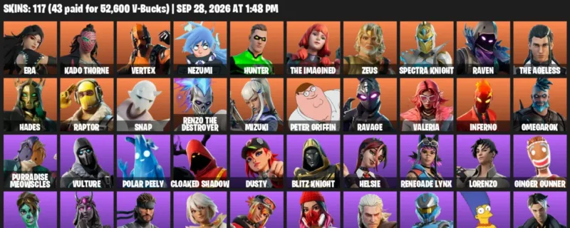 Fortnite account inventory for Era - Kado Thorne - 117 Outfits
