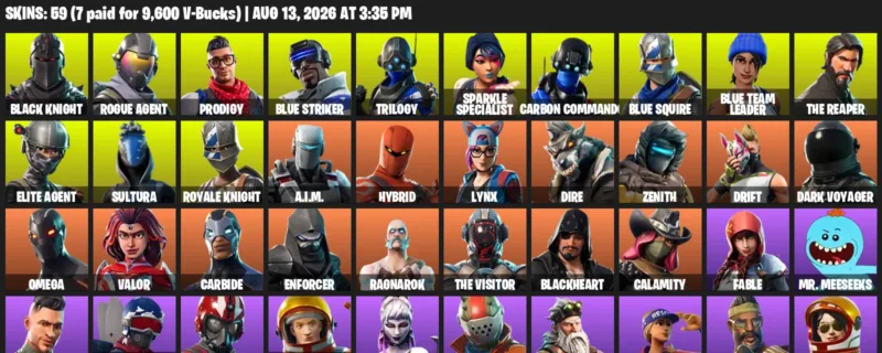 Fortnite account inventory for LVL 656 - Black Knight - Rogue Agent - 59 Outfits