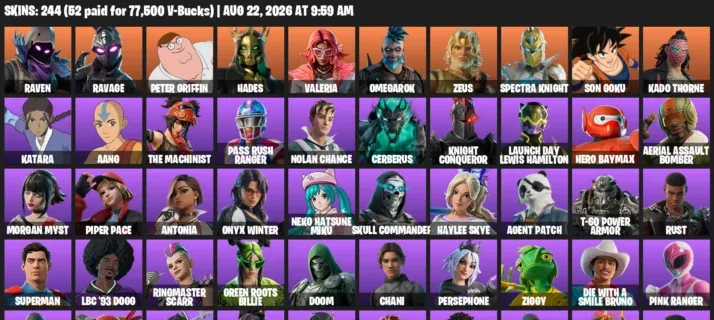 Fortnite account inventory for LVL 2237 - Raven - Ravage - 244 Outfits